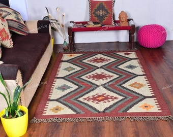 Southwestern Navajo Wool Jute Area Rug | Vintage Kilim Pattern | Handmade Flatweave | Moroccan Kilim Base | Red Indian Style Border Area Rug