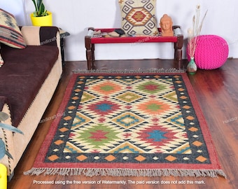Jute Wool Rug, Kilim Rug, Oriental Rug, Handmade Wool Jute Kilim Rug, Turkish Area Rug, Traditional Indian Kilim Dhurrie Rug, 8x10 , 9x12 Ft