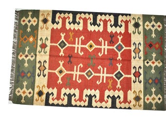 Kilim Rug, Handwoven, Wool and Jute Rug Handmade, Kilim Dhurrie Rug, Traditional Indian jute Area rug