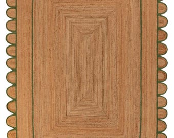 Scalloped Jute Rug, Emerald Green Scallop Rug, Natural Jute Rug, Jute Area Rug, BohoJute Rug, Custom Size Rug, Jute Runner Rug