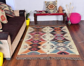Southwestern Navajo Wool Jute Area Rug | Vintage Kilim Pattern | Handmade Flatweave | Moroccan Kilim Base | Indian Style Border Area Rug