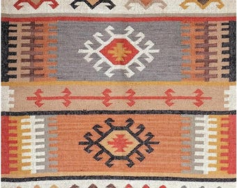 Kilim Navajo Rug, Vintage Southwestern Home Decor, Handmade Flatweave Dhurrie , Traditional Indian Peruvian Jute Kilim Custom Area Rug