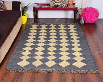 Handmade Checkered kilim Rug, Southwestern Navajo Wool Jute Rug, Vintage RUG, Boho rug, Flatweave Moroccan Kilim Carpet, Indian Area Rug