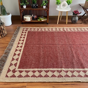 Handwoven Red Rug, Handmade Flatweave Wool Jute Dhurrie Rug, Southwestern Home Decor, Traditional Indian Jute Kilim, Custom Area Navajo Rug