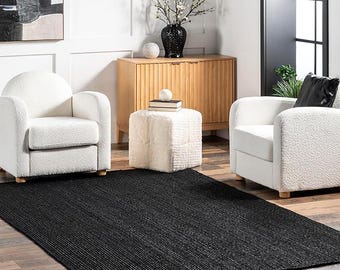 Jute Hand Woven Area Rug, Solid Farmhouse Design, Natural Fiber, For Bedroom, Living Room, Dining Room, Hallway, Office, Kitchen, Entryway