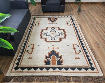 Southwestern Navajo Wool Jute Area Rug | Vintage Kilim Pattern | Handmade Flatweave | Mustard Yellow Base | Indian Style Border Rug