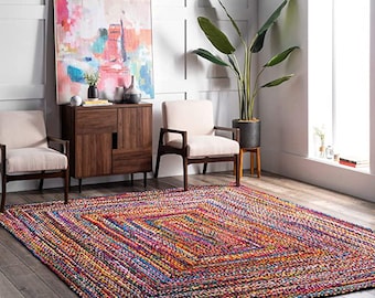 Hand Braided Bohemian Colorful Cotton Chindi Area Rug multi color Home Decor Rugs cotton area rugs Rectangle Rug Home Decor Rag Rug Area Rug