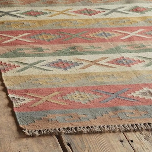Wool Kilim Rug — Hand Woven Geometric Flatweave Boho Rug, Custom Sizes, Durable Wool Jute Blend, Modern Home Decor, Stain-Hiding Area Rug