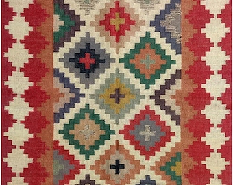 Kilim Navajo Rug, Vintage Southwestern Home Decor, Handmade Flatweave Dhurrie , Traditional Indian Peruvian Jute Kilim Custom Area Rug