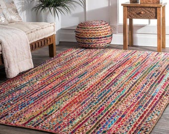 Braided Jute Rug | Hand Braided Bohemian Cotton Chindi Area , Multi Color Rectangle Rag Rug for Unique Home Decor