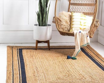 Jute Hand Woven Area Rug, Solid Farmhouse Design, Natural Fiber, For Bedroom, Living Room, Dining Room, Hallway, Office, Kitchen, Entryway