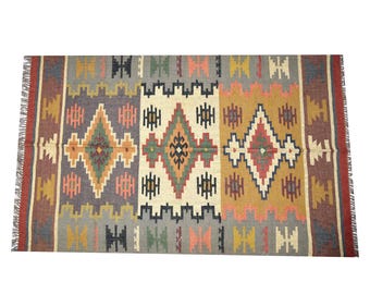 Handwoven Wool Jute Rug | Natural Flatweave Area Rug | Neutral Boho Rug for Living Room | Eco Friendly Handmade Dhurrie