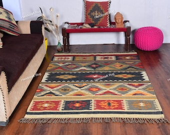Southwestern Navajo Wool Jute Area Rug | Vintage Kilim Pattern | Handmade Flatweave | Moroccan Kilim Base | Red Indian Style Border Area Rug
