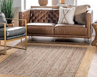 Jute Hand Woven Area Rug, Solid Farmhouse Design, Natural Fiber, For Bedroom, Living Room, Dining Room, Hallway, Office, Kitchen, Entryway