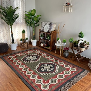 Handwoven Red Rug, Handmade Flatweave Wool Jute Dhurrie Rug, Southwestern Home Decor, Traditional Indian Jute Kilim, Custom Area Navajo Rug