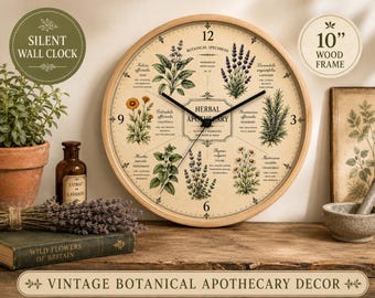 Botanical Specimen Wall Clock, Vintage Herbarium Clock, Apothecary Botanical Decor, Cottage-core Wooden Wall Clock
