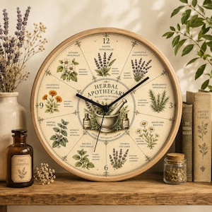 May include: A round wooden clock with a botanical theme, featuring illustrations of herbs and the text "Herbal Apothecary." The clock face displays the time and has a light beige background with black hands. The clock is on a wooden shelf with other decorative items.