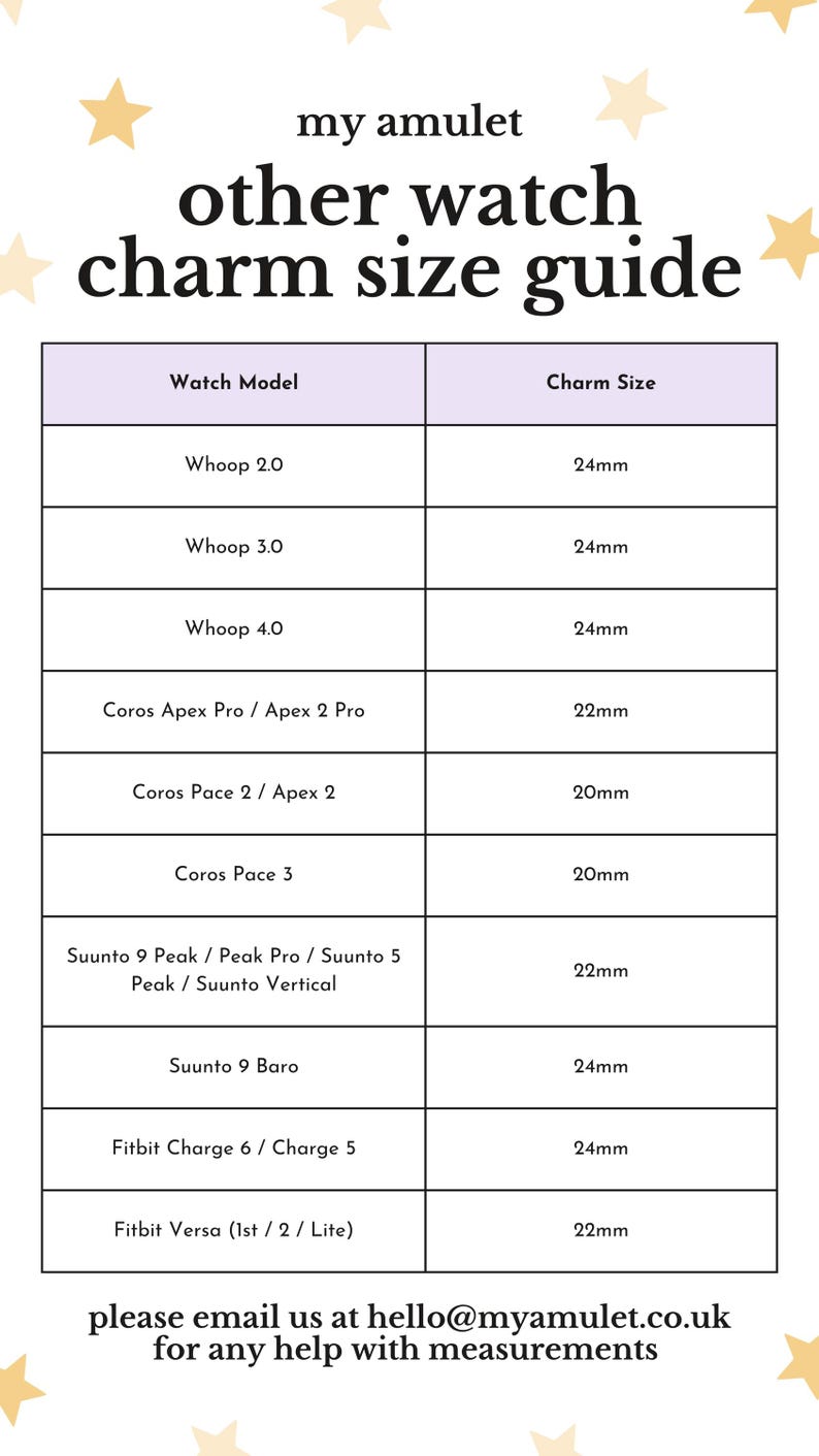 May include: A white chart titled "other watch charm size guide" lists watch models and corresponding charm sizes. Models include Whoop, Coros, Suunto, and Fitbit. Charm sizes range from 20mm to 24mm. The text "my amulet" is at the top.
