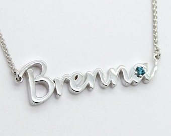 Name Necklace Sterling Silver, Handwritten Font with Birthstone and Actual Handwriting, Mothers Gift from Daughter Personalized Jewelry