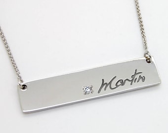 Personalized Platinum Necklace with Diamonds Gift For Her Custom Diamond Platinum Bar Necklace with Platinum Chain