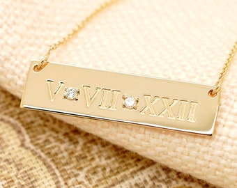 Personalized 14K Gold Numerals Bar Necklace Engraved Date Necklace with Numbers Necklace Wedding Gift Personalized Jewelry gift