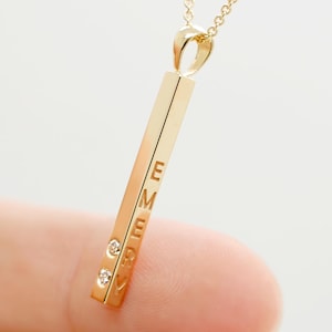 Vertical Diamond Bar Necklace 14k Custom Vertical Gold Bar For Family Add Kids Names Initials Engraved, Use Coordinates And Dates