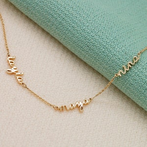 14k Solid Gold Three Name Necklace Multiple Names Necklace 2 3 4 5 6 7 Two Four Five Six Seven Kids Names Mom gift From Children