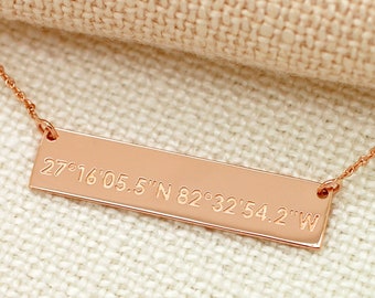 Gold Bar with Location Coordinates GPS Longitude Latitude for Wedding Day Gift Mom Wife Her 14K Solid Gold Rose White or Yellow