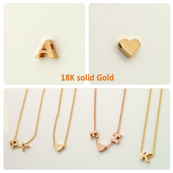 Solid 18K Gold Charm without chain, Real Gold 18K Initial Letter or Heart Necklace, rose yellow white gold, 1.2mm hole for chain