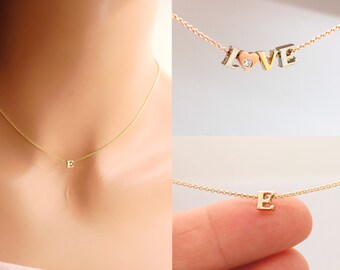 Letter E Necklace 14K Gold Initial E Necklace Real Gold Small Mini