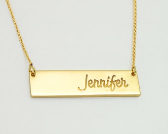 18K Bar Necklace Solid Gold Nameplate Personalized Gift Engraved Pendant Custom Name Plate