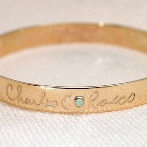Solid Gold Bangle Bracelet 14K Custom 8.5mm Bracelet Cuff for Women Men w Handwriting Names Engraved Personalized Gift Jewelry