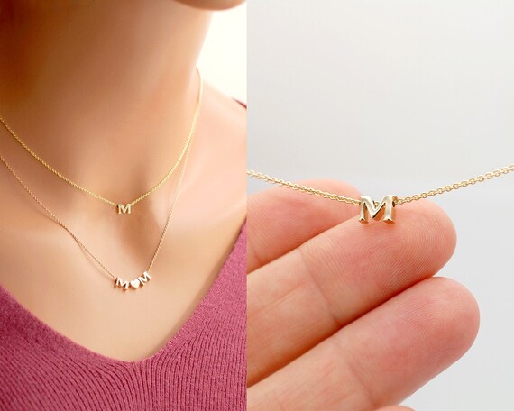 14K SOLID YELLOW GOLD INITIAL NECKLACE, DAINTY LETTER M NECKLACE