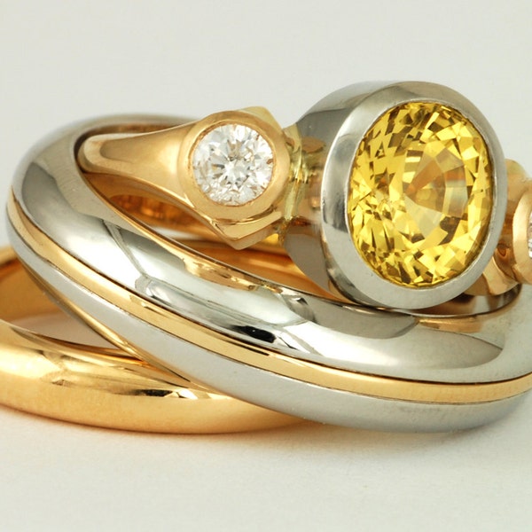 Custom ring set, 2ct Yellow Sapphire Diamonds 18K Gold Engagement Ring, 18K and Platinum Wedding Bands, Unusual rings Unique Custom Jewelry