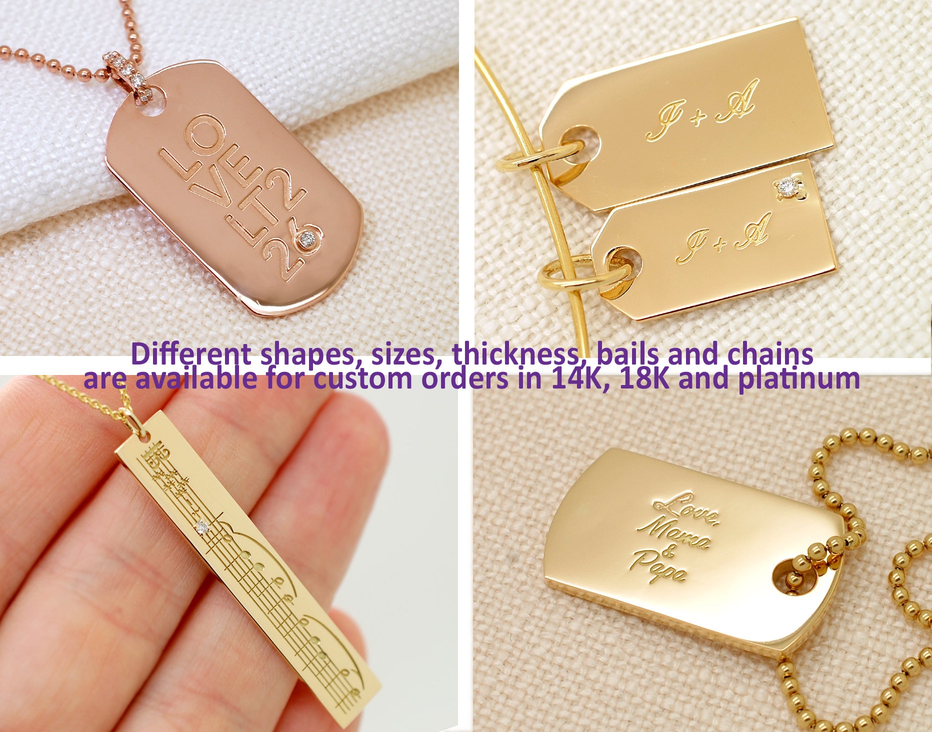 Engraved 14K Gold Plated Sterling Silver Dog Tag Necklace - Vertical