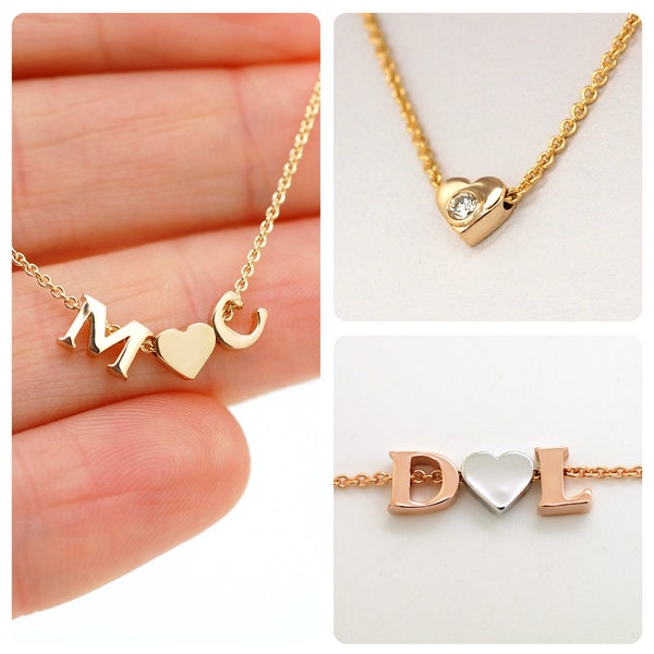 Dainty Letter Necklace - Small Initials Solid Gold 14K - Tiny Heart Necklace - Small Letter Charm Necklace Personalized Teen Gift Mother Day