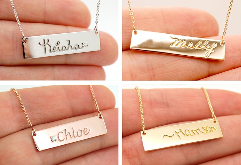 Handwriting Personalized Bar Necklace 14K Signature Memorial Mothers Gold Gift For Daughter Bonus Mom Sister Dad image 5