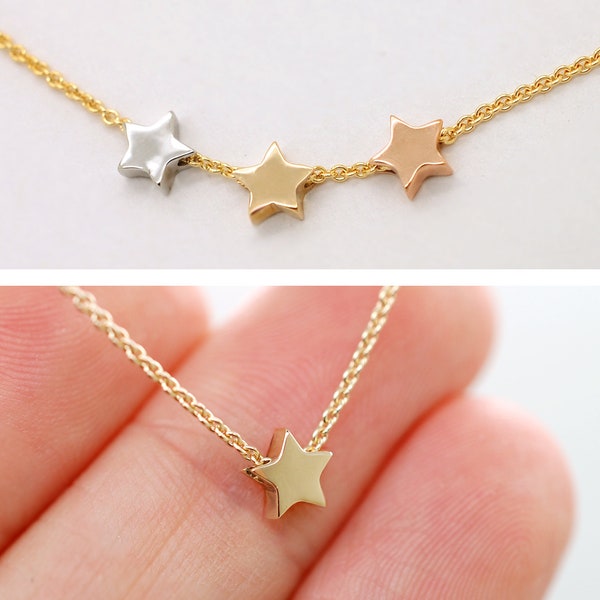 14k Solid Gold Star Necklace Multiple Dainty Charms Tiny Stars Small Initials Mini Slider Necklace Multi Initials Gift Daughter