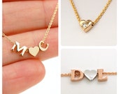 14k Gold Heart Necklace Personalized with Initials add Diamond Real Solid 14k Gold Diamond heart pendant small tiny dainty Gift