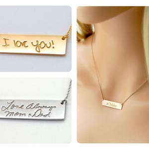 Handwriting Personalized Bar Necklace 14K Signature Memorial Mothers Gold Gift For Daughter Bonus Mom Sister Dad image 1