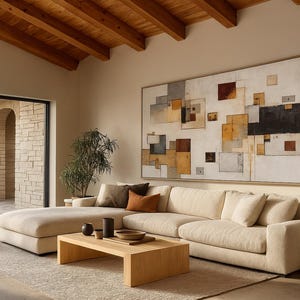 May include: A contemporary living room featuring a large beige sectional sofa, a wooden coffee table, and an abstract painting. The room has a neutral colour palette, natural light, and a rug.