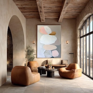 Minimalist Abstract Canvas Art | Japandi Soft Neutral Painting in White, Blush, and Beige | Modern Vertical Wall Art for Bedroom or Entryway