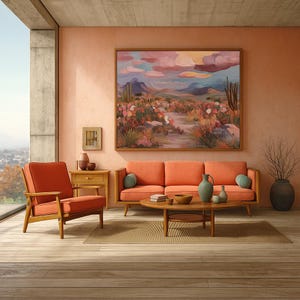 Pink Desert Garden – Floral Cactus Painting in Sunset Sky