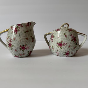 Vintage Made in Japan Sugar Bowl & Creamer Set – Pink Rose Footed Porcelain – Mid-Century Shabby Chic (1950s–1960s)