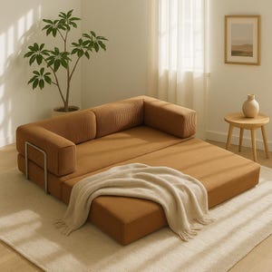 May include: A modular, corduroy-textured sofa in a warm brown hue. The sofa features a pull-out section and a light-colored throw blanket. A small wooden side table and a potted plant are also visible in the room.