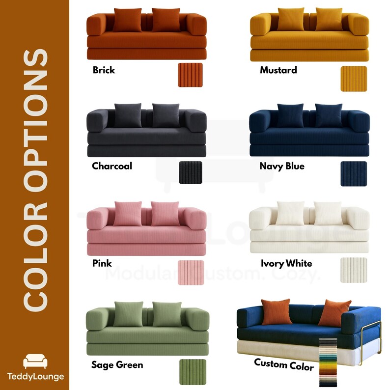 K&ouml;nnte beinhalten: Darstellung von modularen Sofas in verschiedenen Farben, darunter Ziegel, Senf, Anthrazit, Marineblau, Rosa, Elfenbeinwei&szlig;, Salbeigr&uuml;n und eine individuelle Farbauswahl. Jedes Sofa hat zwei passende Kissen. Farbmuster sind ebenfalls abgebildet.