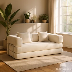 K&ouml;nnte beinhalten: Ein cremefarbenes modernes Sofa mit zwei passenden Wurfkissen. Das Sofa hat eine gerippte Textur und ein Metallarmdetail. Der Raum verf&uuml;gt &uuml;ber eine neutrale Farbpalette mit Pflanzen und einem Fenster.