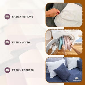 K&ouml;nnte beinhalten: Das Bild zeigt ein Produkt mit dem Text &bdquo;EASILY REMOVE&ldquo;, &bdquo;EASILY WASH&ldquo; und &bdquo;EASILY REFRESH&ldquo;. Es zeigt eine Nahaufnahme eines wei&szlig;en Kissenbezugs, der entfernt wird, farbenfrohe Textilien in einer Waschmaschine und eine Reihe von Kissen auf einem blauen Sofa. Das TeddyLounge-Logo ist sichtbar.