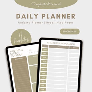 Op de afbeelding: Digitale dagplanner met een minimalistisch ontwerp. De afbeelding toont twee tablets met planner sjablonen. Eén tablet toont een "Time Blocking Planner" en de andere een "Minimal & Clean Planner". De tekst op de afbeelding luidt "Daily Planner" en "12 Templates".