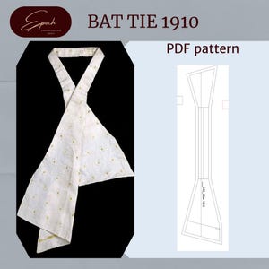 May include: A white bat tie with a floral pattern and the text "BAT TIE 1910". The image also includes a PDF pattern of the tie. The tie is a vintage style accessory.